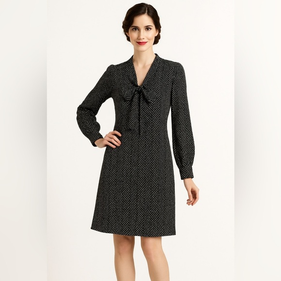 Kate Spade Silk Herringbone Tie Neck Long Sleeve Dress Small Black - Picture 1 of 14